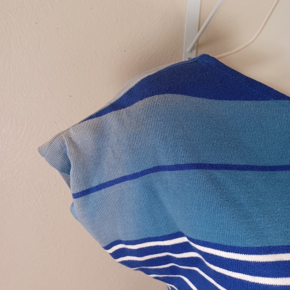 Vintage 1960s Mod Boat Neck Shift Dress Resort Nautical Blue Stripes Cap Sleeve - Picture 9 of 13